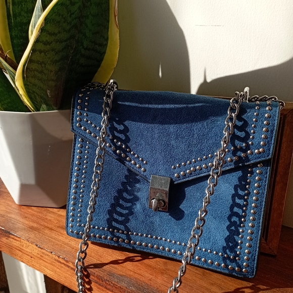 Blue Faux Suede and Faux Leather Sling Bag - Picture 2 of 11